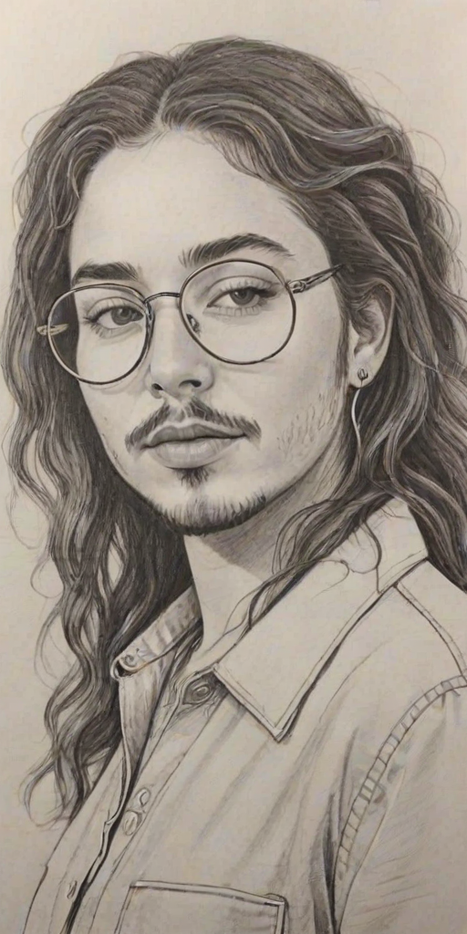 Appealing Post Malone, pencil sketch, portrait of Wonderful woman 1970s in glasses, hair style beatnik, outline, clear lines, fine lines, 8k