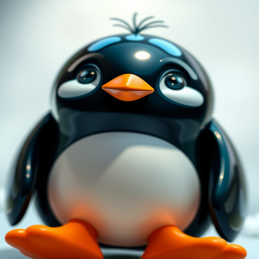 Create a high-resolution image of a cartoon penguin with a shiny surface and vibrant colors, using a Canon EOS 5D Mark IV, 50mm lens, f/2.8 aperture, ISO 100, shot in natural light, with a slight tilt to give a dynamic perspective.