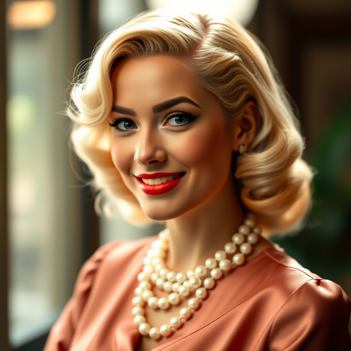 A beautiful Maori woman reminiscent of 1950s Hollywood glamour, with perfectly styled blonde hair and a seductive smile, dressed in a satin blouse and adorned with pearls, soft and warm tones, photorealistic, 8K