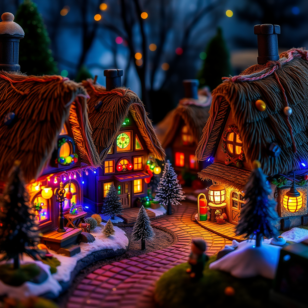 A whimsical village scene during the holiday season featuring cozy thatched-roof houses adorned with colorful lights and decorations surrounded by small trees and glowing lanterns creating a warm and enchanting atmosphere with a soft focus effect.