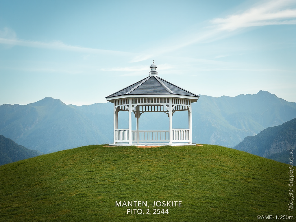 Capture a serene landscape featuring a white gazebo atop a grassy knoll with a mountainous backdrop, shot with a DSLR camera at f/8 aperture, ISO 100, shutter speed 1/250s, using a wide-angle lens at 24mm for enhanced depth and clarity.