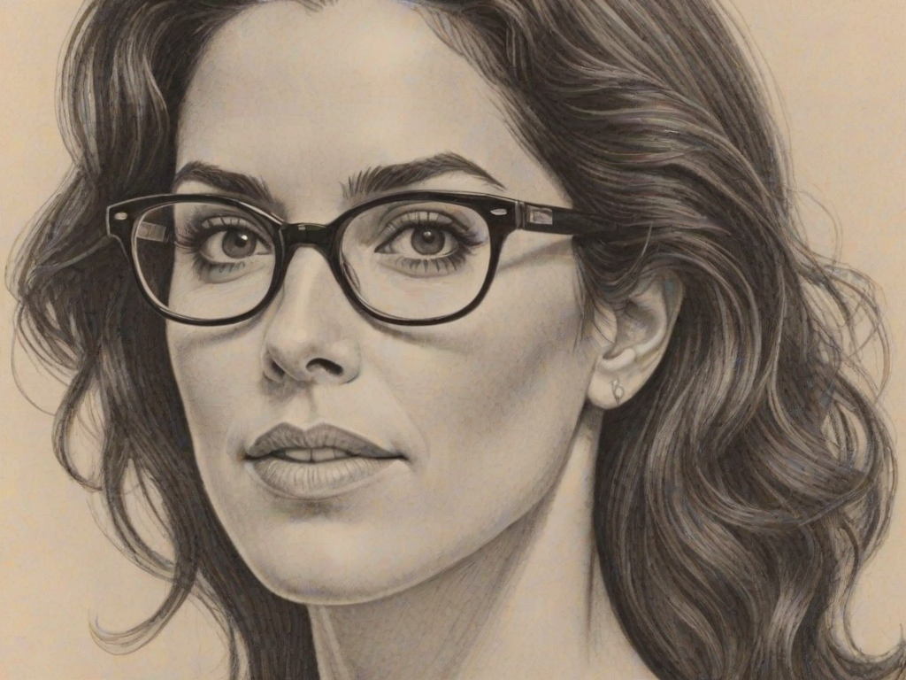 Enticing Jami Gertz, pencil sketch, portrait of Resplendent woman 1966s in glasses, hair style beatnik, outline, clear lines, fine lines, 8k