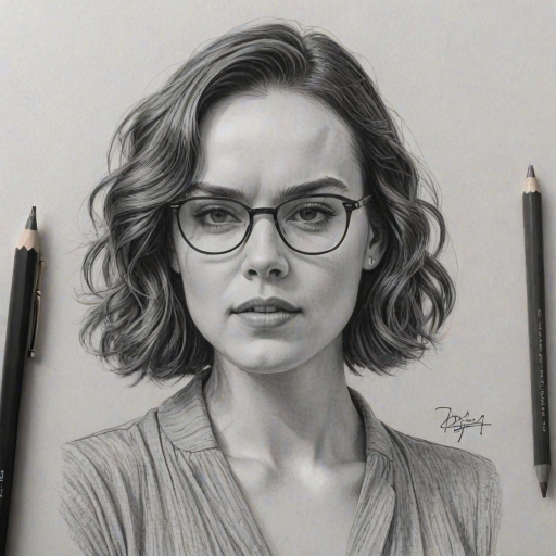 Radiant Daisy Ridley, pencil sketch, portrait of Enticing woman 1975s in glasses, hair style beatnik, outline, clear lines, fine lines, 8k