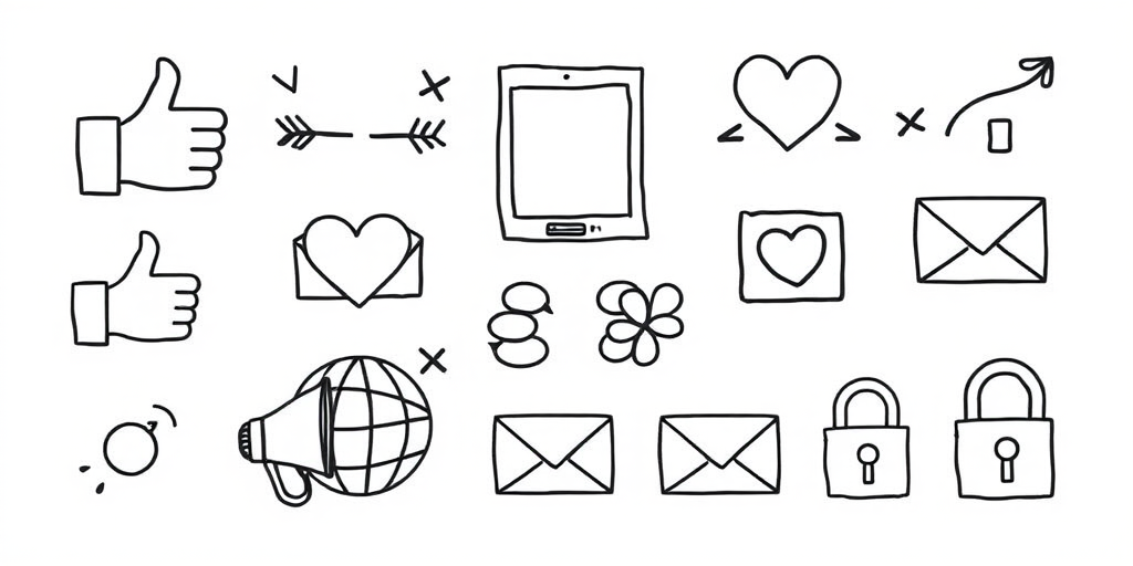 Create a high-resolution vector image of various hand-drawn social media and communication icons, including a thumbs up, heart, arrows, image frame, globe, chat bubbles, megaphone, email, and a padlock, using a flat design style and a neutral background, captured with a DSLR camera set to f/8, ISO 100, 50mm lens, and a top-down view for clarity and detail.