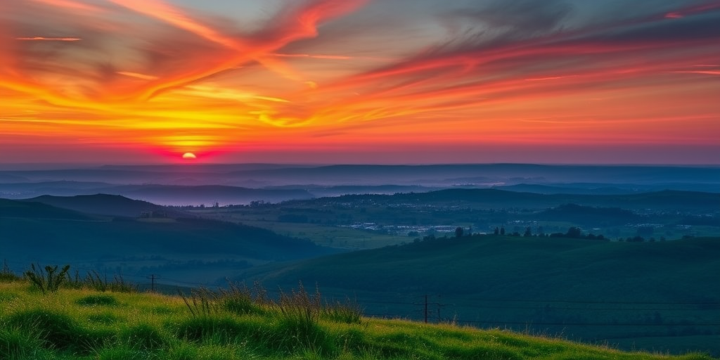 Create a high-resolution image of a serene landscape at sunset with vibrant colors, using a DSLR camera at f/8 aperture, 1/60 shutter speed, ISO 100, shot from a low angle for depth and clarity, with a wide-angle lens to capture the expansive view.