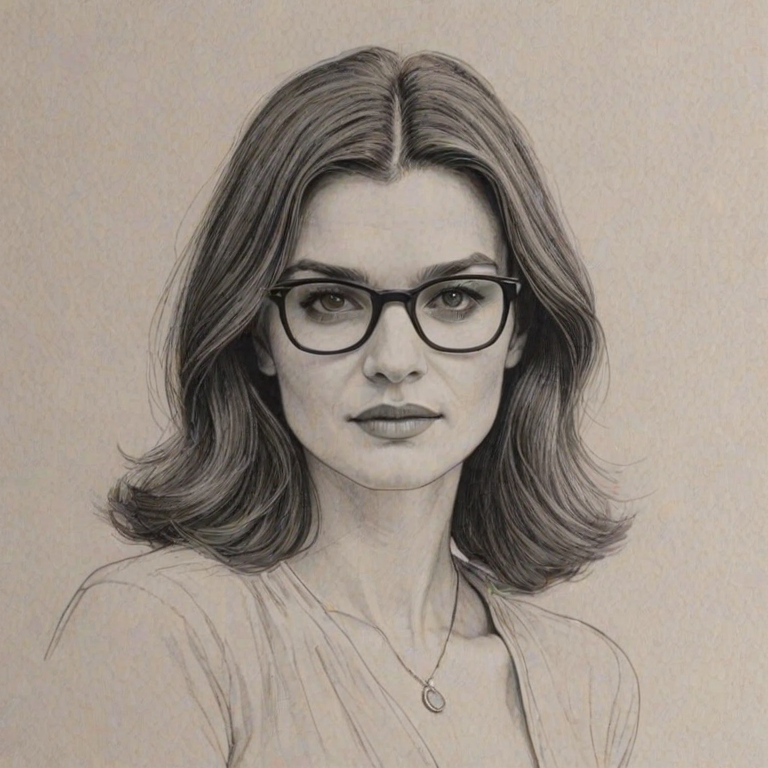 Comely Rachel Weisz, pencil sketch, portrait of Resplendent woman 1972s in glasses, hair style beatnik, outline, clear lines, fine lines, 8k