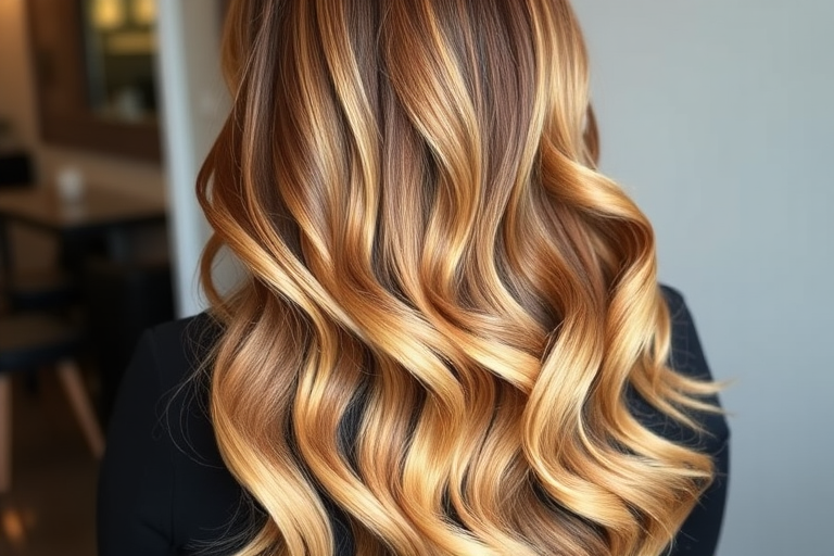 Elegant balayage ombre transitioning from dark roots to honey blonde ends, long wavy tresses cascading down the back, exuding effortless glamour and sophistication