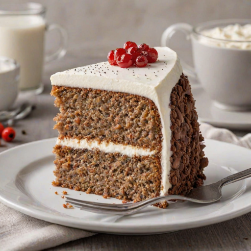 Generate an image of a slice of layered cake on a white plate. The cake should have a light, fluffy texture and be topped with a generous layer of white frosting. There should be poppy seeds sprinkled on the frosting. A fork should be resting on the plate next to the slice, and the background should be simple and neutral to highlight the cake.