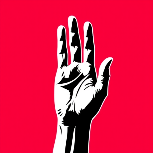 Regenerate a high-resolution vector image of a raised hand with an upward gesture, focusing on clean lines and sharp contrasts, using a digital camera with 50mm lens, f/2.8 aperture, ISO 100, and vibrant color settings for enhanced image quality.