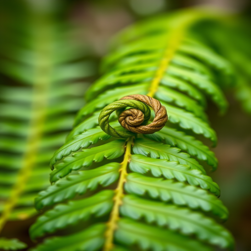 Capture a close-up of a fern leaf with its intricate curled fronds, using a macro lens, aperture f/2.8, shutter speed 1/250 sec, ISO 100, natural lighting, and a shallow depth of field to enhance detail and vibrancy.