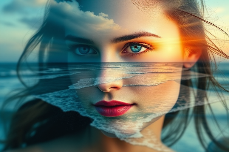 this photo is Book cover, A surreal double exposure portrait that blends a woman's face with a beautiful seascape. The overall mood is dreamy and mystical, with rich colors and intricate details