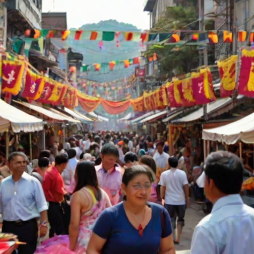 Bustling street during a cultural festival, with colorful decorations, food stalls serving traditional dishes, and performers showcasing dances from around the world.