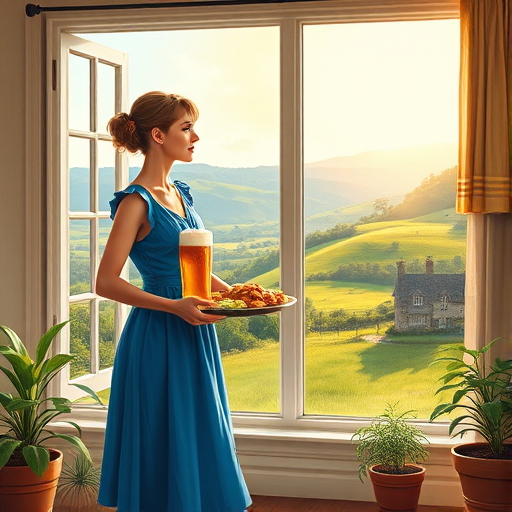 In "A Glass of Beer on the Highland," a serene scene is depicted in a sunlit room where a woman in a vibrant blue dress stands by a large window. She holds a tray with a hearty meal and a frothy glass of beer, embodying a moment of relaxation. Outside, the breathtaking highland landscape features rolling green hills and a charming traditional house, all bathed in warm afternoon light. The interior is adorned with potted plants, creating a harmonious blend of comfort and nature. The painting beautifully captures the tranquility and joy found in simple pleasures amidst stunning scenery