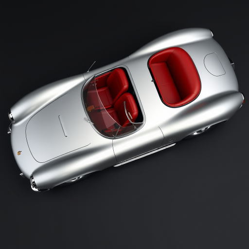 A high-quality 3D rendering of a vintage silver sports car with red leather seats, shot from a top-down perspective using a DSLR camera with a 50mm lens at f/2.8, ISO 100, and a shallow depth of field to enhance details and focus on the car's features against a dark background.