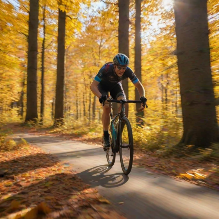 Blurry action shot of a cyclist racing through a vibrant autumn forest, leaves swirling in the air, with the sunlight filtering through the colorful canopy overhead.