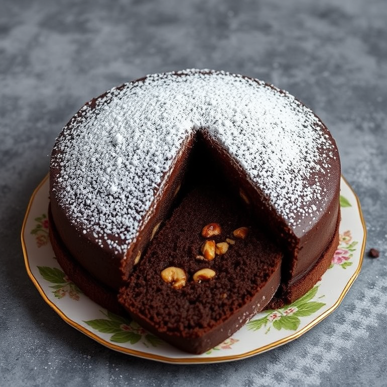 A delicious chocolate cake with a slice cut out, dusted with powdered sugar, revealing a moist and rich interior with chunks of nuts, placed on a decorative plate on a textured gray background.