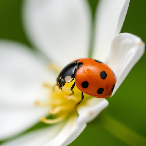close-up shot of a ladybug on a white flower with a blurred green background, aperture f/4, shutter speed 1/200s, ISO 200, using a DSLR camera, 50mm lens, natural lighting, macro photography style