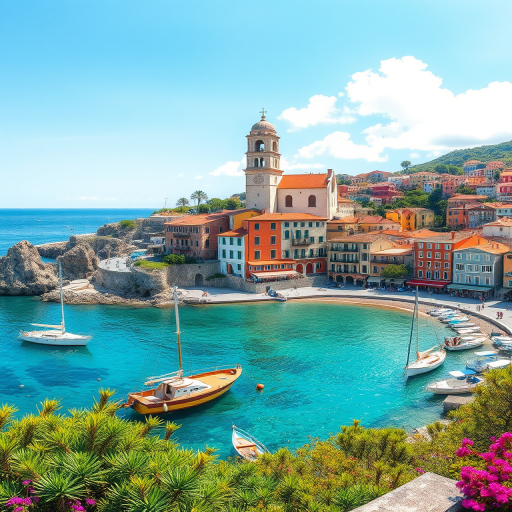 Generate a high-resolution illustration of a picturesque coastal village with colorful houses, a prominent bell tower, and boats in the crystal-clear water, captured in bright daylight with vibrant colors, using a DSLR camera, 50mm lens, f/8 aperture, ISO 100, and a panoramic view to emphasize the scenery.
