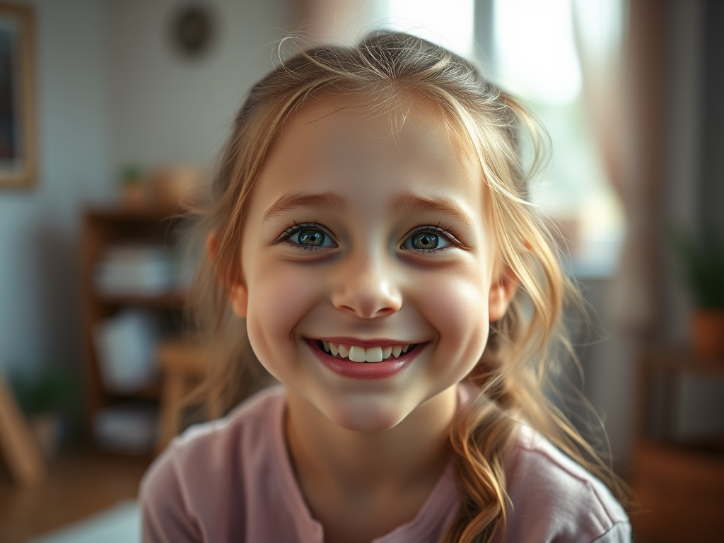 high-resolution portrait of a young girl with a bright smile in a cozy room, soft natural lighting, shallow depth of field, DSLR camera, aperture f/2.8, ISO 200, 50mm lens, focus on the face with a softly blurred background, warm tones