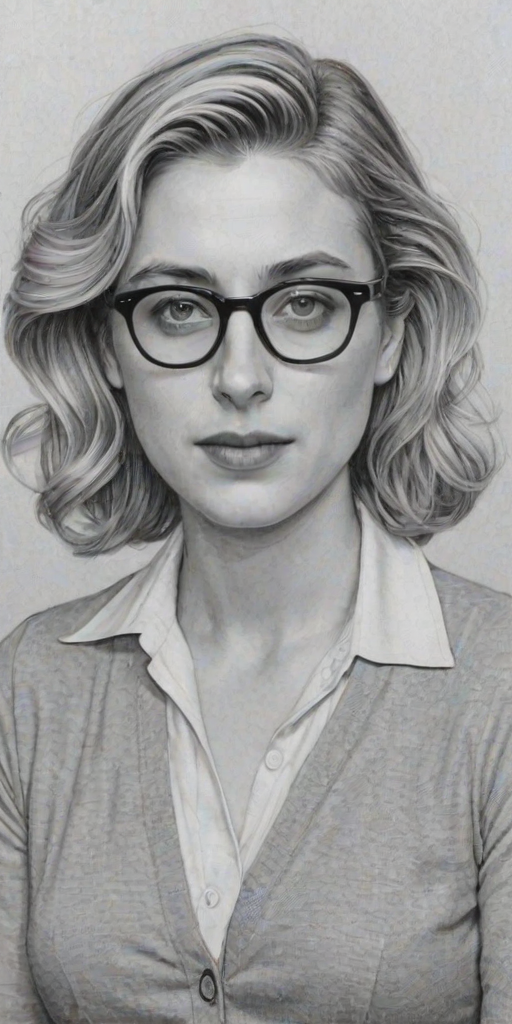 Radiant Greta Gerwig, pencil sketch, portrait of Sublime woman 1944s in glasses, hair style beatnik, outline, clear lines, fine lines, 8k