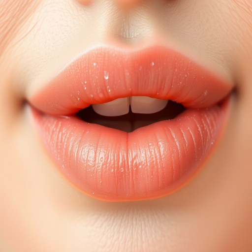 Soft peach lips with a frosted finish, reminiscent of delicate flower petals, exuding innocence and femininity