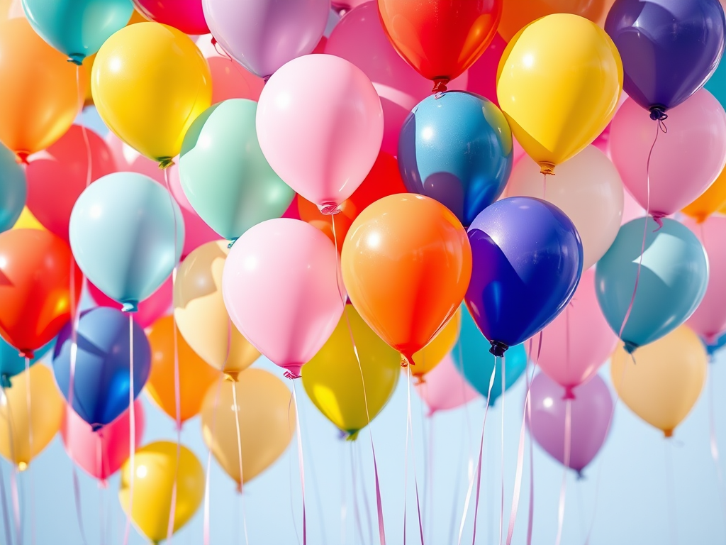 Generate a vibrant and colorful illustration of balloons in various shapes and colors, using a soft focus lens, ISO 100, f/4 aperture, and a 50mm lens, with a bright and cheerful background to enhance image quality.