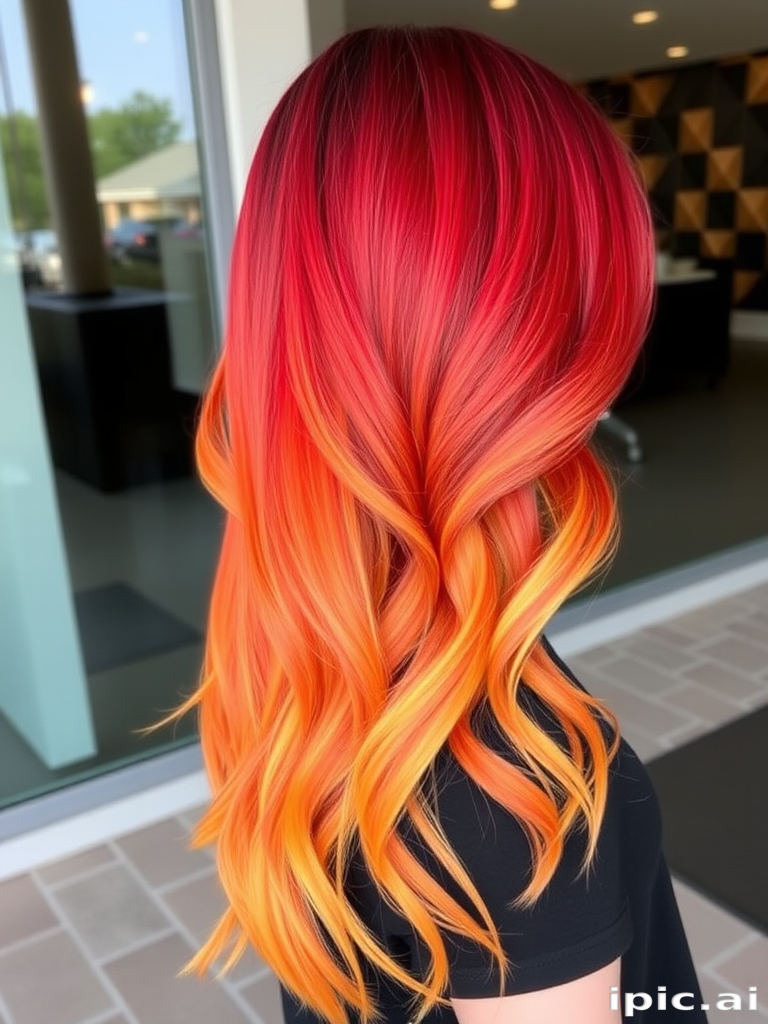 Fierce flame-inspired ombré named "Phoenix Rising" transitions from deep crimson roots to vibrant orange mid-lengths and brilliant yellow tips, styled in voluminous layers