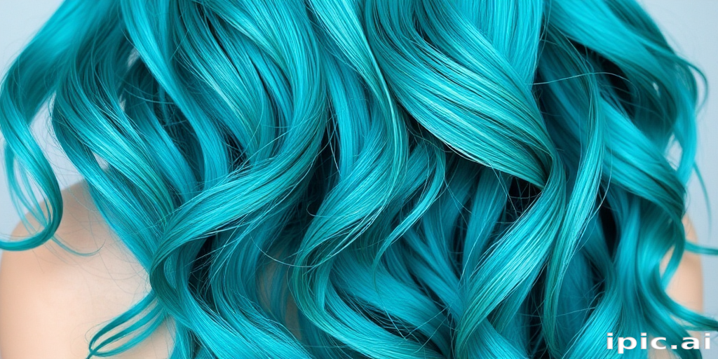 Vibrant teal mermaid waves cascade down to the waist, shimmering with iridescent highlights and styled in loose beachy curls, exuding an ethereal and enchanting aura
