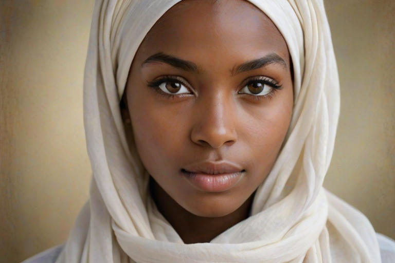 Create a portrait of a young Afro-Caribbean female with long, dark hair and captivating hazel eyes. She is wearing a white headscarf and a matching scarf draped gracefully around her neck. The background is softly blurred, focusing attention on her serene and natural expression. The overall color palette is muted and warm, enhancing the intimate and authentic feel of the portrait.