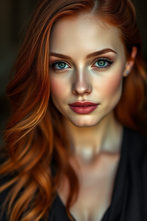 Regenerate a hyper-realistic portrait of a woman with long, flowing red hair, wearing a dark, elegant dress, in soft natural lighting; use a 50mm lens, f/1.8 aperture for shallow depth of field, shot with a DSLR camera, in a close-up view focusing on her expression and details.