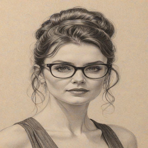Exquisite Aisling Bea, pencil sketch, portrait of Enticing woman 1938s in glasses, hair style beatnik, outline, clear lines, fine lines, 8k
