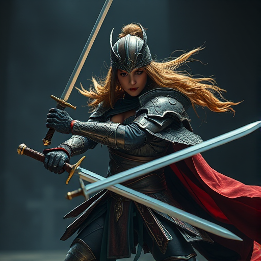 Create an action-packed scene featuring a warrior woman with swords, wearing elaborate armor and a flowing cape, shot with a 50mm lens at f/1.8, ISO 100, and a shutter speed of 1/200s, in a studio setting with dramatic lighting.