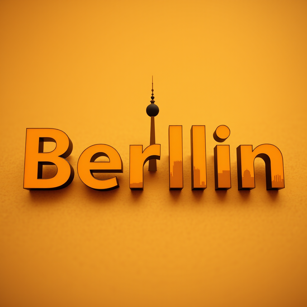 Create a high-resolution digital artwork featuring the word "Berlin" in modern font with an outline of the Berlin TV Tower, set against a textured amber background, captured with a DSLR camera at f/2.8, ISO 100, 1/125 sec, in a close-up view with soft focus.
