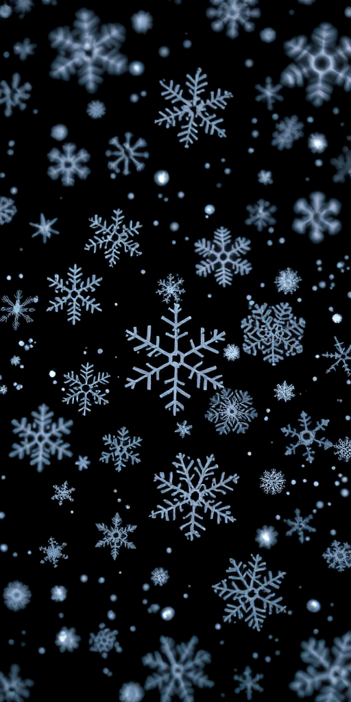 Generate a winter scene with various snowflakes of different sizes and designs on a black background, using a DSLR camera with a 50mm lens, aperture set to f/2.8, ISO 100, and a shallow depth of field to emphasize the snowflakes, capturing a high-resolution image.
