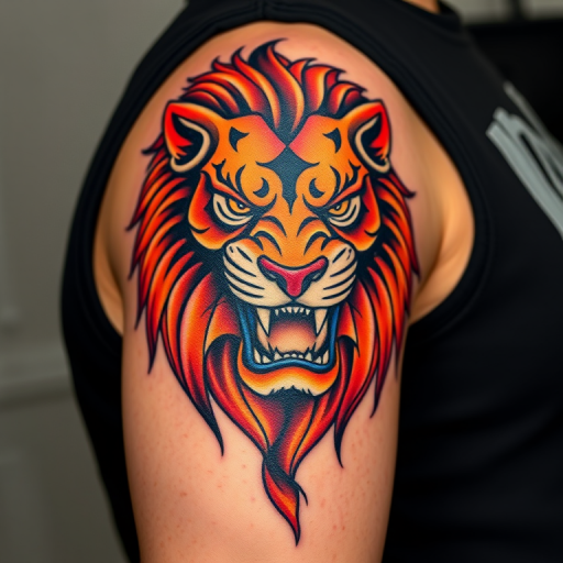 Striking neo-traditional body tattoo of a fierce lion head on the upper arm, executed in bold lines and rich saturated colors with a touch of art nouveau influence