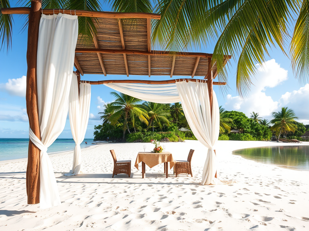 Create a picturesque tropical beach scene featuring a serene, white sandy shore. In the foreground, there's a rustic wooden canopy with white drapes gently flowing in the breeze. Underneath the canopy, a table is set with tropical decor, evoking a sense of relaxation and leisure. The beach extends into a calm, shallow water area with reflections of the sky and surroundings. Palm trees and lush greenery line the edge of the beach, providing a natural, tropical backdrop. The sky is clear with a few scattered clouds, and the overall atmosphere is tranquil and inviting, perfect for a peaceful retreat.