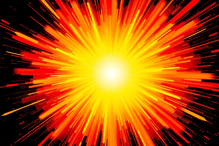 Create a vibrant explosion graphic with a bright yellow center and fiery orange and red edges, using a Canon EOS R5 with a 50mm f/1.2 lens, aperture set to f/8, ISO 100, and a shutter speed of 1/125s to enhance color saturation and sharpness.