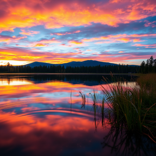 Create a high-resolution image of a scenic landscape at sunset, with vibrant colors in the sky reflecting on a calm lake, using a DSLR camera with a 24mm lens, aperture set to f/11, ISO 100, and a slow shutter speed of 1/15s for a smooth water effect, captured from a low angle viewpoint.