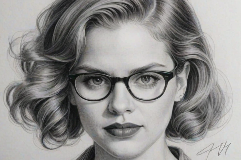 Superb Anna Chlumsky, pencil sketch, portrait of Delightful woman 1937s in glasses, hair style beatnik, outline, clear lines, fine lines, 8k