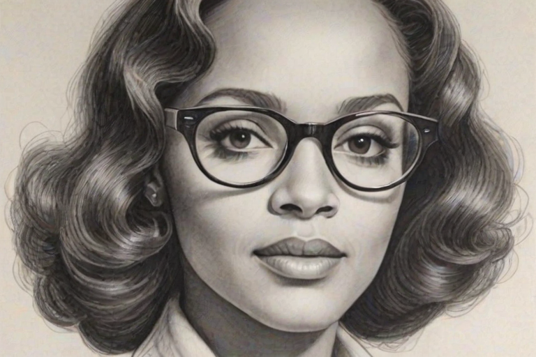 Fetching Daphne Maxwell Reid, pencil sketch, portrait of Beauteous woman 1973s in glasses, hair style beatnik, outline, clear lines, fine lines, 8k