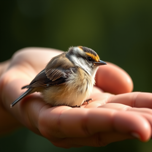 A close-up of a small bird resting in an open hand, captured with a Canon EOS 5D Mark IV, 85mm lens, f/2.8 aperture, ISO 200, soft natural lighting, shallow depth of field.