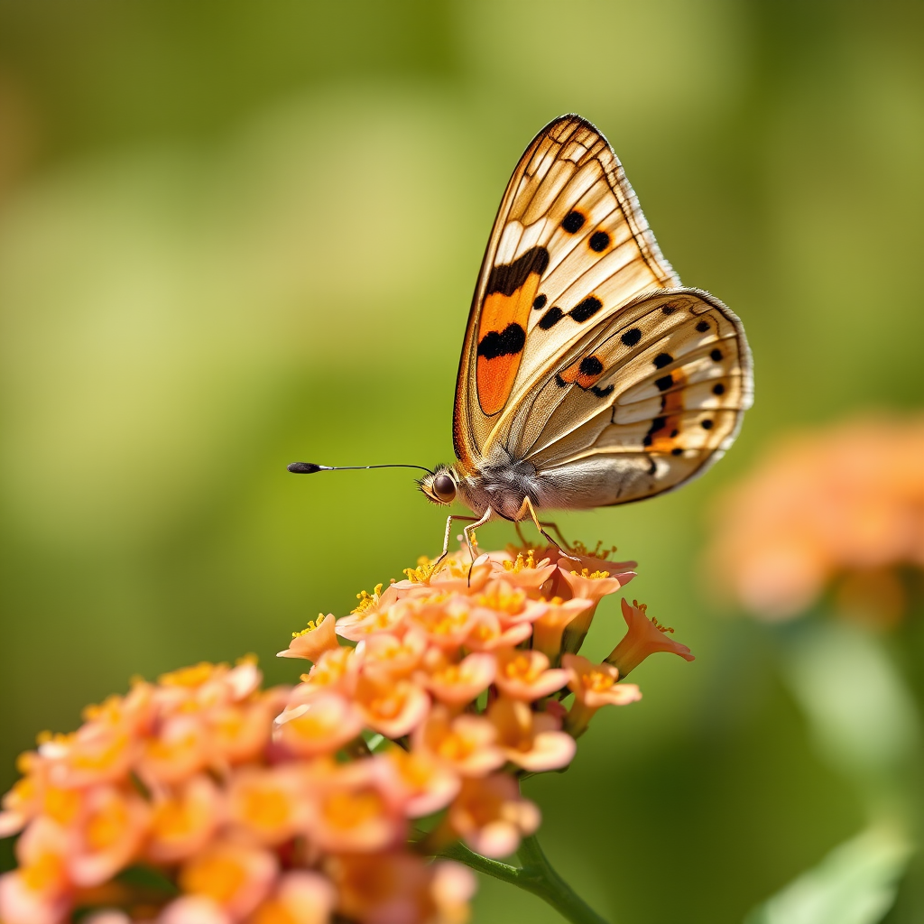 Close-up macro photograph of a butterfly perched on blooming flowers, shallow depth of field, soft bokeh background, natural lighting, ISO 100, aperture f/2.8, shutter speed 1/200s, mounted on a DSLR camera with a 100mm macro lens.