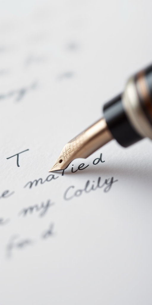 Generate a high-resolution image of a fountain pen writing on a sheet of paper, using a shallow depth of field, 50mm lens, f/1.8 aperture, ISO 100, with natural soft lighting to enhance details and contrast.