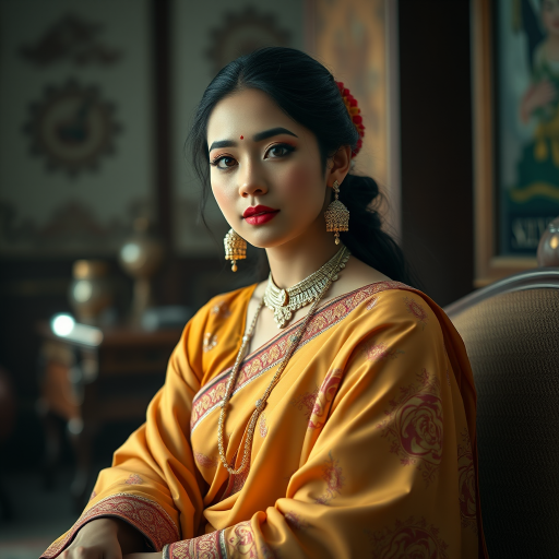 A beautiful Bangladeshi woman in traditional East Asian attire, intricately detailed with embroidered patterns, sitting gracefully in a richly decorated room, soft ambient lighting, serene and elegant, ultra-realistic, 8K resolution