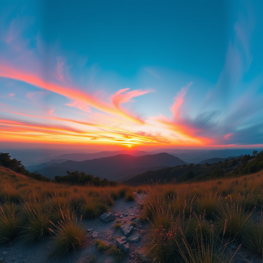 Create a high-resolution image of a serene landscape at sunrise with vibrant colors, using a Canon EOS R5, 24mm lens, aperture f/8, shutter speed 1/125s, ISO 100, wide-angle view, and enhanced saturation and contrast for a more vivid appearance.