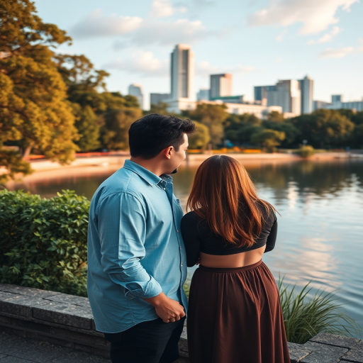 Create a serene landscape featuring a couple embracing near a tranquil water body with lush greenery and a city skyline in the background, using a Canon EOS R5 at f/2.8, ISO 100, 50mm lens, in a wide-angle view with vibrant colors and high dynamic range for enhanced image quality.