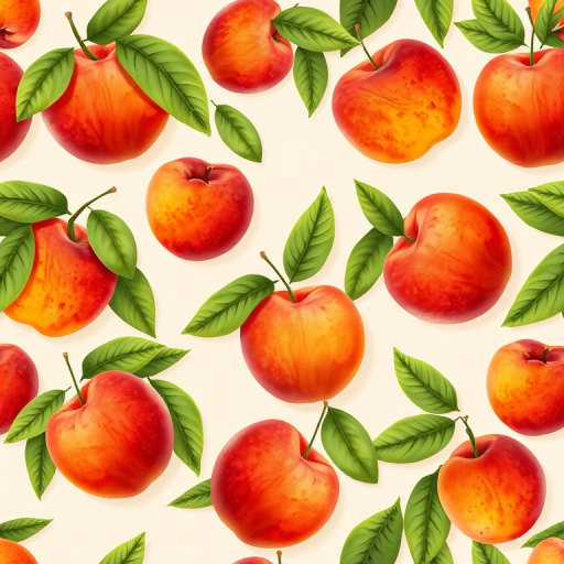 Create a seamless repeating pattern of colorful peaches and apricots with green leaves on a soft beige background, 35mm lens, f/8 aperture, ISO 200, natural lighting, top-down view, digital illustration style.