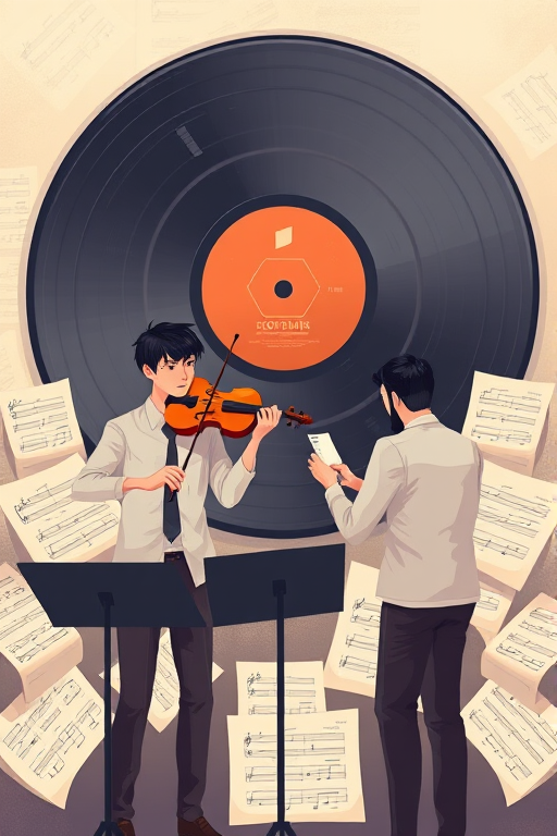 Create a digital illustration of two musicians performing with a large vinyl record in the background, one playing the violin and the other conducting, surrounded by music sheets, captured with a 50mm lens at f/2.8, ISO 100, and a slight vignette effect for depth.
