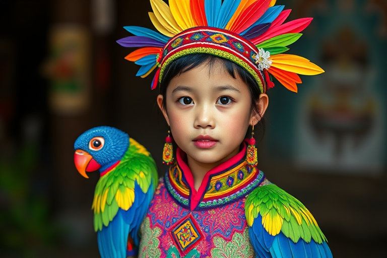 A beautiful Lao girl, wearing colorful bird clothing with vibrant colors