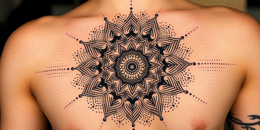 Dotwork mandala tattoo called "Cosmic Symmetry" showcasing intricate patterns and sacred symbols meticulously crafted using thousands of tiny dots gradually fading from dense to sparse